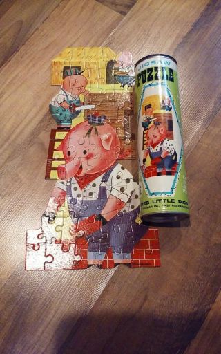 Vintage Three Little Pigs Puzzle Hg Toys 50 Pc.  In Tube Jigsaw Puzzle
