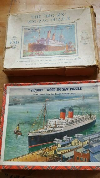 2 Vintage Wood Jigsaws Mauretania Of The Cunard White Star Line & 6 Ocean Liners