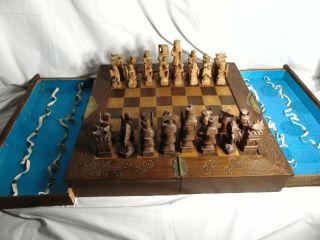 Antique Asian Chinese Chess Board Set Hand Carved Wood Chest W/storage Drawers