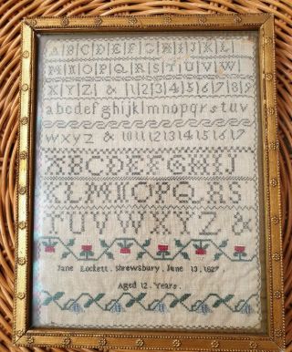 Antique Victorian Sampler Embroidery Sample 1827 Hand Stitched Fabric Framed