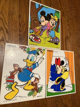 3 Vintage Playskool Wooden Puzzles Mickey Mouse Minnie Mouse Donald Duck