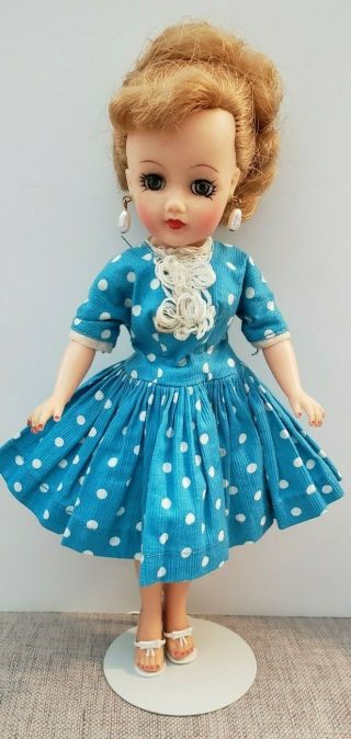 Vintage Blond Little Miss Revlon Doll,  Blue Polka Dot Dress,  Accessories