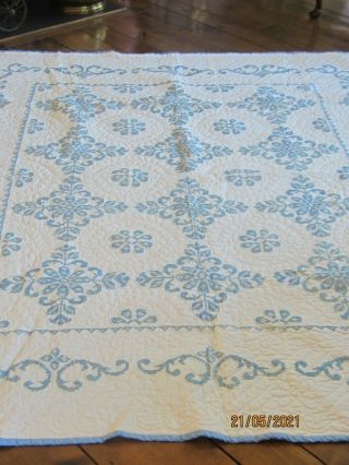 Vintage Finished Cotton Fabrics Cross Stitch Quilt; Blue & White 91 L X 77 W
