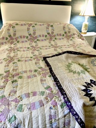 Vintage Bed Comforter Each Side A Different Quilt Wedding Ring And Starburst Lg