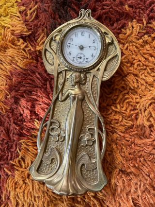 1890’s Art Nouveau Mantle Clock Brass/bronze Gold Color Lady W/ Flowers
