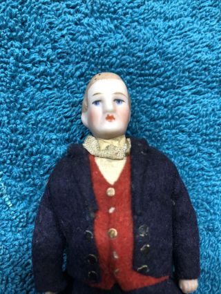 Antique German Bisque Dollhouse Doll,  Well Painted All Small Man