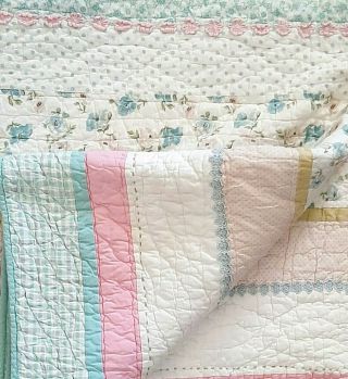 Vintage Handmade Quilt - Check Stripe Floral - Pink Green Blue - Cotton Twin