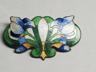 Antique Art Nouveau Guilloche Enamel Sterling Silver Flower Pin Brooch 1 7/8 "