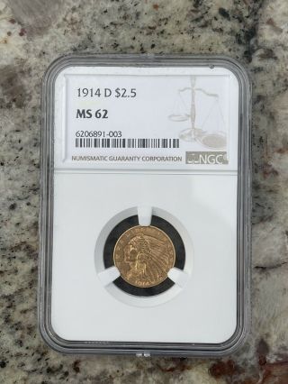 1914 - D Indian Head Quarter Eagle $2.  5 Gold Ngc Ms62