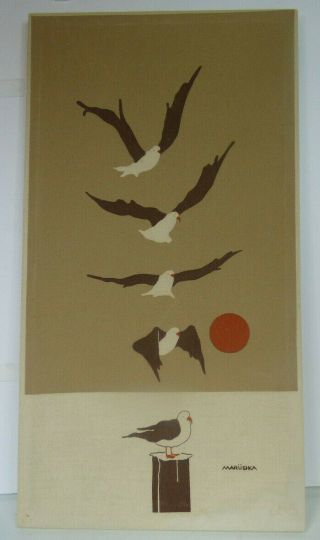 Vtg 1970s Marushka Fabric Art Screen Print Seagulls Birds Stretched Over Frame