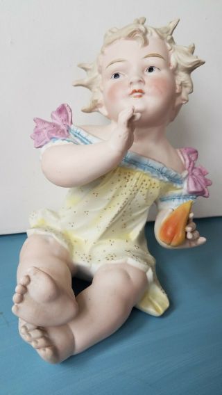 Antique Conta & Boehme Porcelain Bisque Piano Baby Figurine Girl W/ Holding Pear