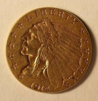 1914 Gold United States $2.  5 Dollar Indian Head Quarter Eagle Coin B11g