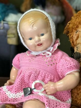 Antique Composition Baby Doll 22” Dimples Type Vintage Dream W/ Dress Bubbles