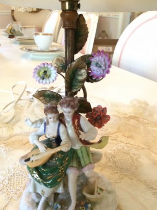 Antique Vtg Porcelain Flower German Lamp Victorian French Net Lace Shade Tole