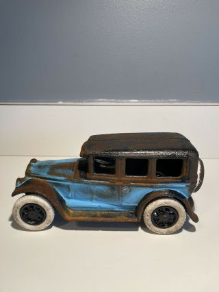 Antique Cast Iron Car Blue And Black Buick Sedan W/ Rubber Wheels