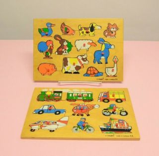 Two Vintage Simplex Wooden Puzzle Vehicles And Animals