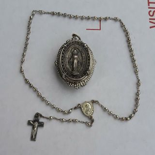 Rare Antique Sterling Silver Rosary Box Pendant / Locket
