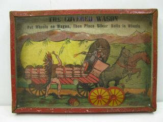 Vintage Covered Wagon Dexterity Palm Puzzle Game Glass Top Metal Frame Vintage