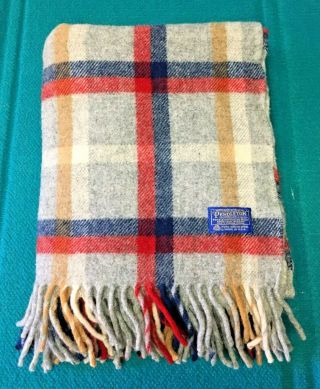 Vintage : Pendleton " Virgin Wool " Throw Blanket Red/white/blue/gray/gold Tartan