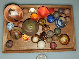 Very Early Rare Vintage Marbles With An Antique Sulfide Dog Marble.