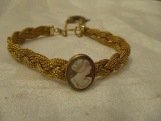 Antique Victorian 12k Gold Filled Braided Bracelet With Cameo And Chain Tassel C
