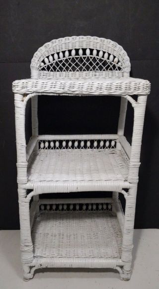 Vintage Woven White Wicker Rattan Shelf (3 - Tier Table) - Boho Shabby Chic Mcm