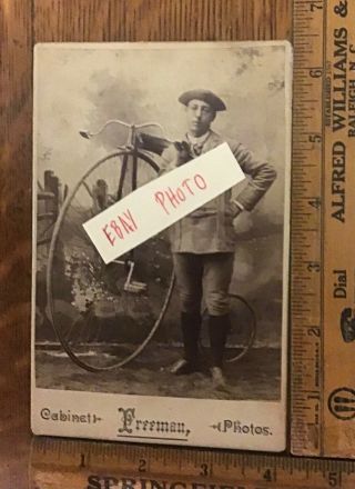 Big High Wheel Bicycle Cabinet Card Photo Antique 1880’s Freeman Rockland Mass