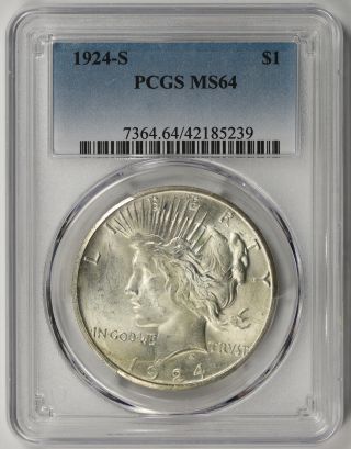 1924 - S Peace Dollar Silver $1 Ms 64 Pcgs
