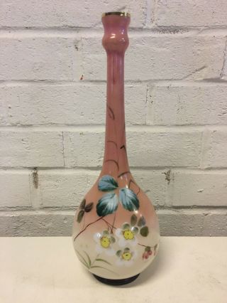 Antique Bristol Glass Bottle Form Vase W/ Painted Floral Decoration