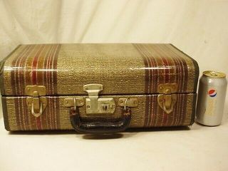 Vtg Striped Tweed Pattern Suitcase 16x9x6 Antique Luggage 1940 