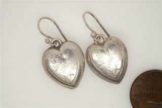 Antique English Sterling Silver Engraved Birds Puffed Heart Drop Earrings