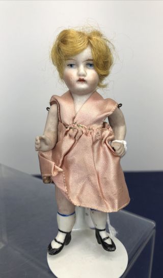 4.  5” Antique German All Bisque 8001 Painted Face Blue Eyes & Molded Shoes Sf2