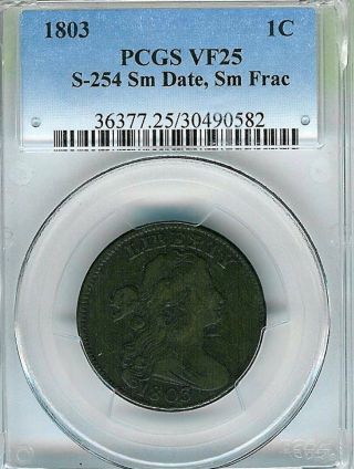 1803 Draped Bust Large Cent : Pcgs Vf25 Small Date Small Fraction S - 254