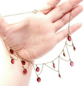 Antique Art Deco Yellow Gold Filled Red Glass Lariat Drape Necklace Choker