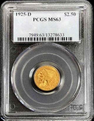 1925 D Gold United States $2.  5 Indian Head Quarter Eagle Coin Pcgs State 63