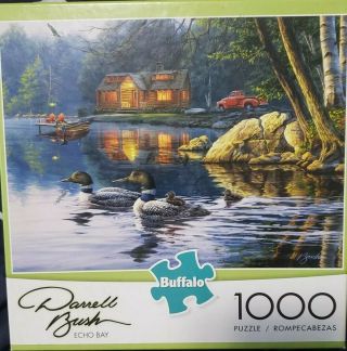 1000 Piece Echo Bay Jigsaw Puzzle Log Cabin Pond Ducks Country Home 26.  75 " X19.  7
