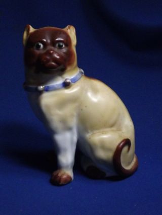 Antique German Porcelain 5 " High Pug Dog Figurine Big Eyes Blue Collar W/ Bells