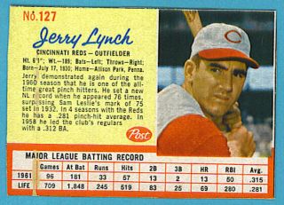 1962 Post Cereal Baseball Card Single: 127 Jerry Lynch (ex)