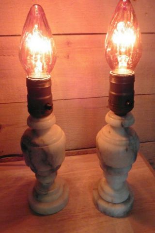 2 Antique Italy White Marble Or Alabaster Table Lamp Art Deco Small Boudoir Vntg
