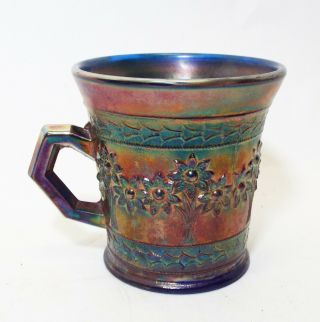 Old Antique Fenton Blue Orange Tree Pattern Iridescent Carnival Glass Mug