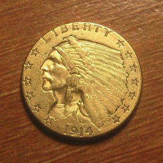 1914 - D Gold $2.  5 Indian Head Quarter Eagle Coin