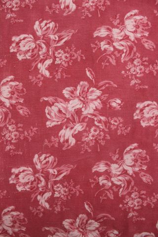Fabric Antique French Cretonne Floral Red Ground With Tulip Pattern Pink & Red