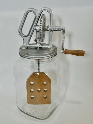 Antique Vtg Dandy 4 Quart Hand Crank Butter Churn Glass Jar Wooden Paddle