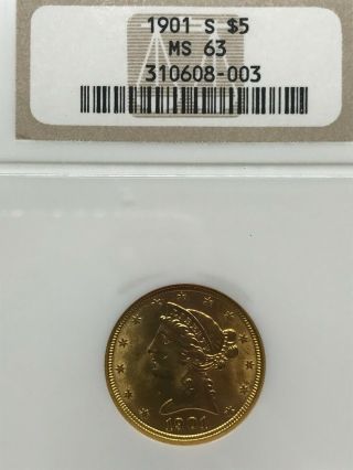 1901 S $5 Liberty Gold Half - Eagle Coin Ngc Ms 63