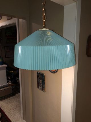 Vintage Mcm Hanging Light Turquoise Brass Ruffled Hard Plastic Swag