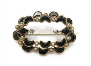 Antique 14k Yellow Gold Black Onyx & Seed Pearl Scalloped Oval Brooch Pin