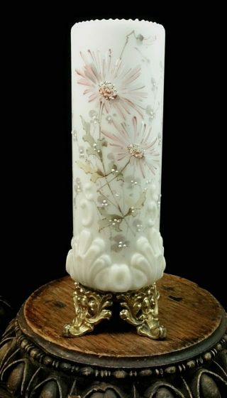 Antique Victorian Wave Crest Embossed Hand Painted Floral Art Glass Vase