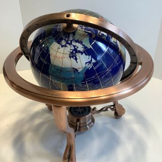 10 " Tall Blue Lapis Table Top Gemstone World Globe With Antiqued Brass Stand Exc