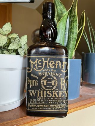 Antique Mchenry Rye Whiskey Bottle Twisted Neck Full Paper Label Benton,  Pa