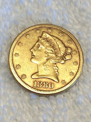 1880 - S Five Dollar U.  S.  Liberty Half Eagle Gold Coin